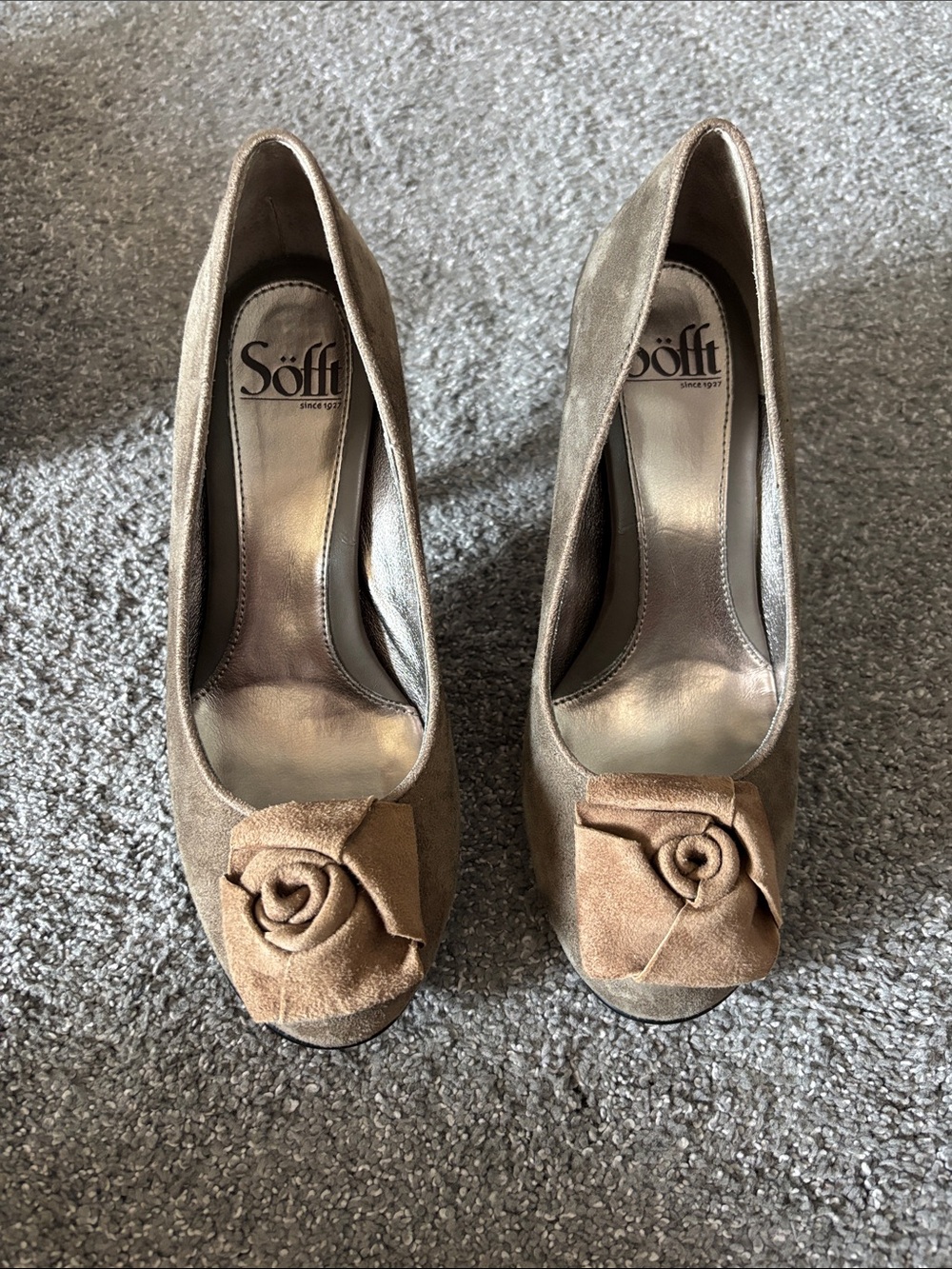Söfft Tan Suede Peep-Toe 3 inch Pumps with Rosette Accent